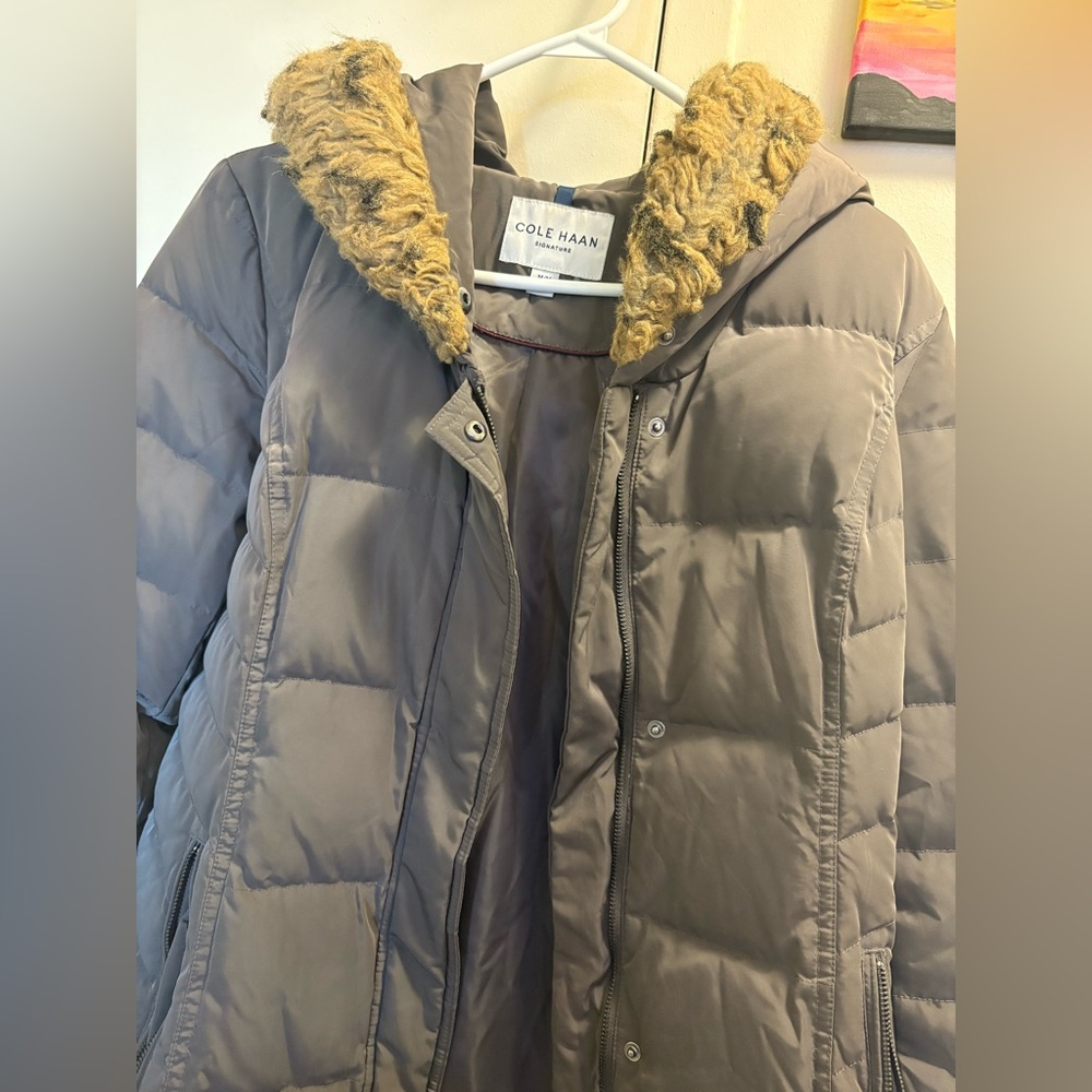 Cole Haan Brown Puffer Jacket with Faux Fur Trim